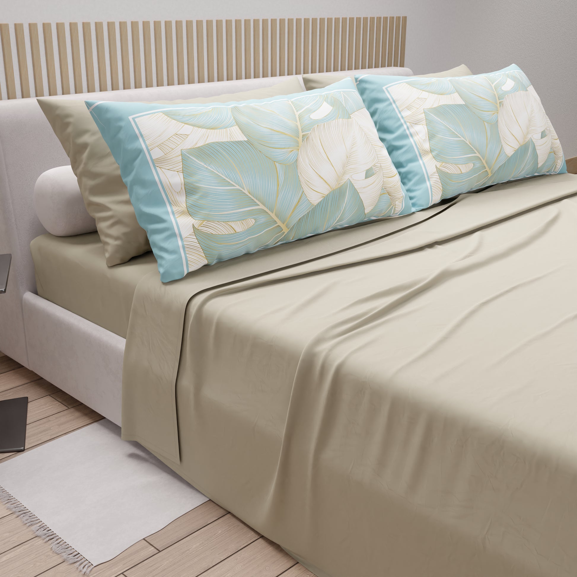 Lenzuola in Cotone, Completo Letto con Federe in Stampa Digitale Tropical  Celeste-Oro