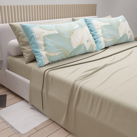 Cotton Sheets, Bed Set with Tropical Light Blue-Gold Digital Print Pillowcases
