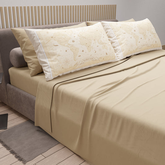 Lenzuola in Cotone, Completo Letto con Federe in Stampa Digitale World Beige