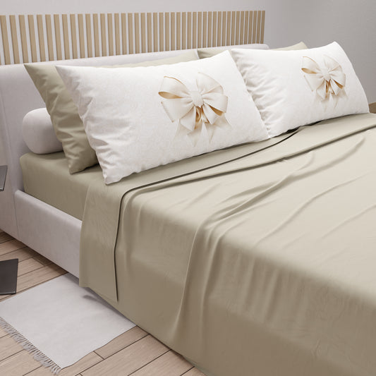 Lenzuola in Cotone, Completo Letto con Federe in Stampa Digitale Fiocco Beige