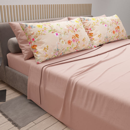 Lenzuola in Cotone, Completo Letto con Federe in Stampa Digitale Spring Cipria