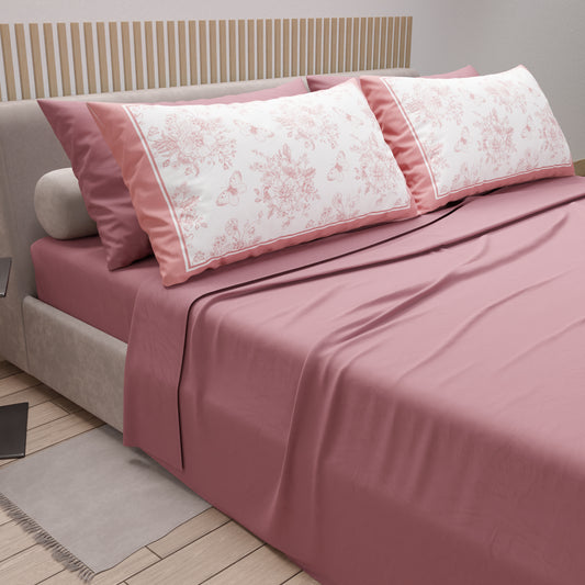 Lenzuola in Cotone, Completo Letto con Federe in Stampa Digitale Botanic Rosa