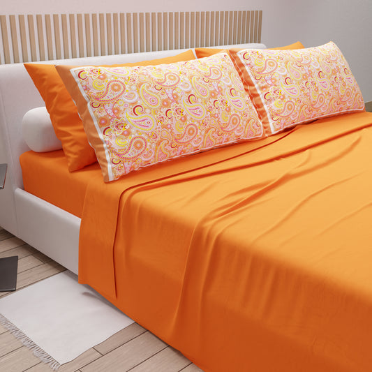 Draps en coton, parure de lit avec taies d'oreiller à impression numérique Paisley orange