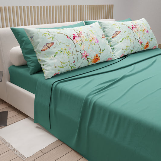 Lenzuola in Cotone, Completo Letto con Federe in Stampa Digitale Spring Acquamarina