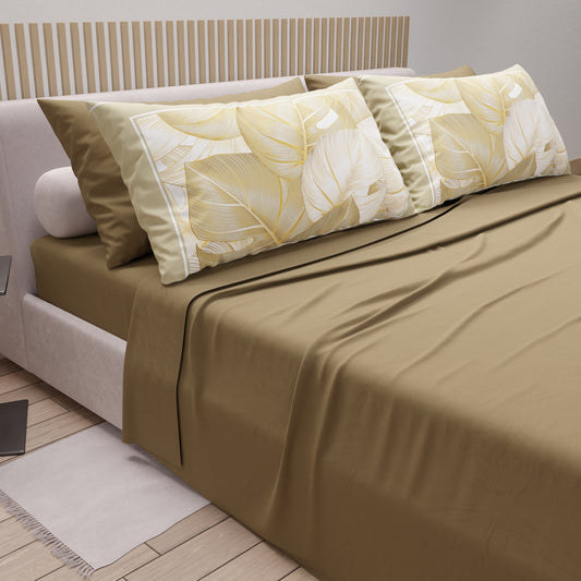 Cotton Sheets, Bed Set with Pillowcases in Tropical Taupe-Gold Digital Print