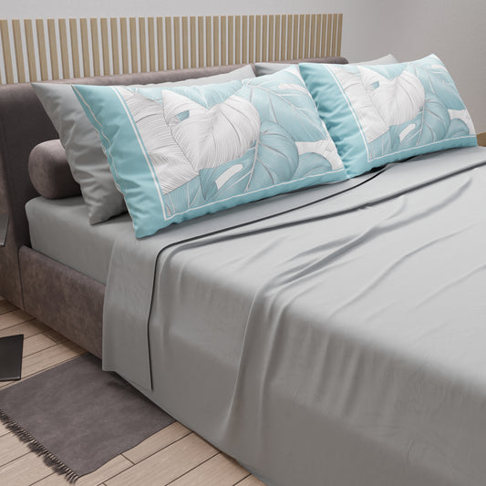 Draps en coton, parure de lit avec taies d'oreiller en impression numérique bleu clair-argent tropical