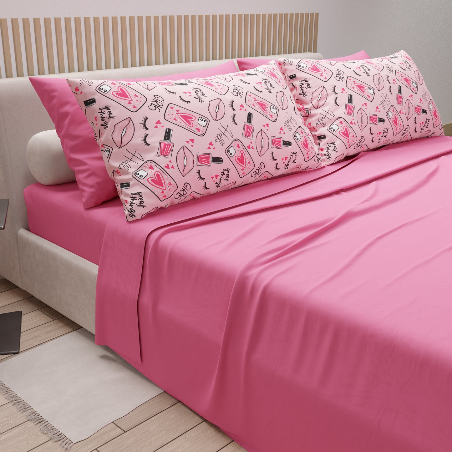 Cotton Sheets, Bed Set with Pink Lipstick Digital Print Pillowcases