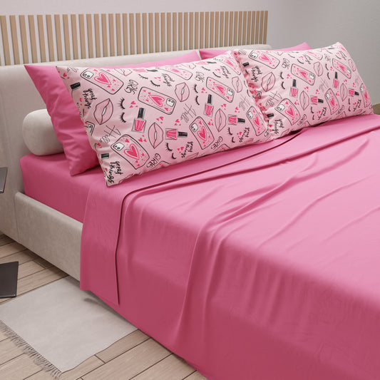 Draps en coton, parure de lit avec taies d'oreiller à impression numérique rouge à lèvres rose