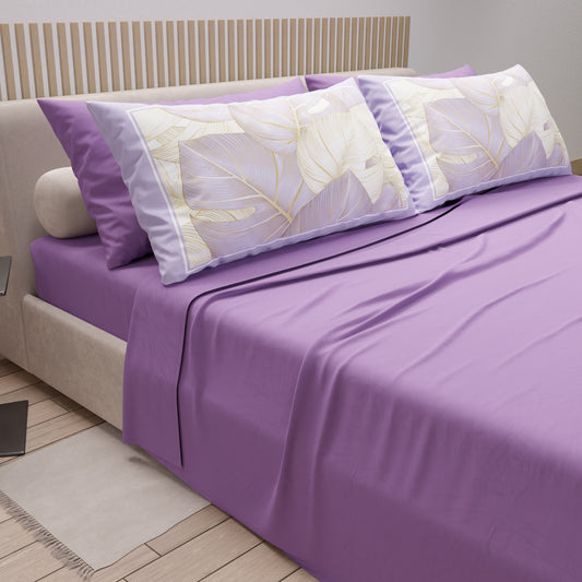 Draps en coton, parure de lit avec taies d'oreiller à impression numérique lilas-or tropical