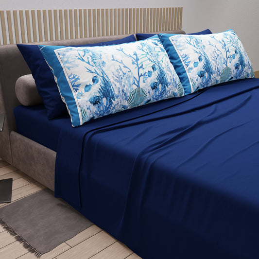 Draps en coton, parure de lit avec taies d'oreiller à impression numérique bleu corail