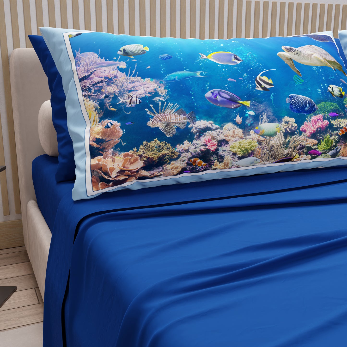 Cotton sheets, bed set with aquarium digital print pillowcases