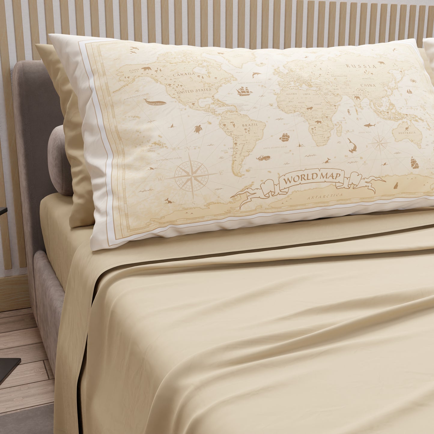 Cotton Sheets, Bed Set with World Beige Digital Print Pillowcases