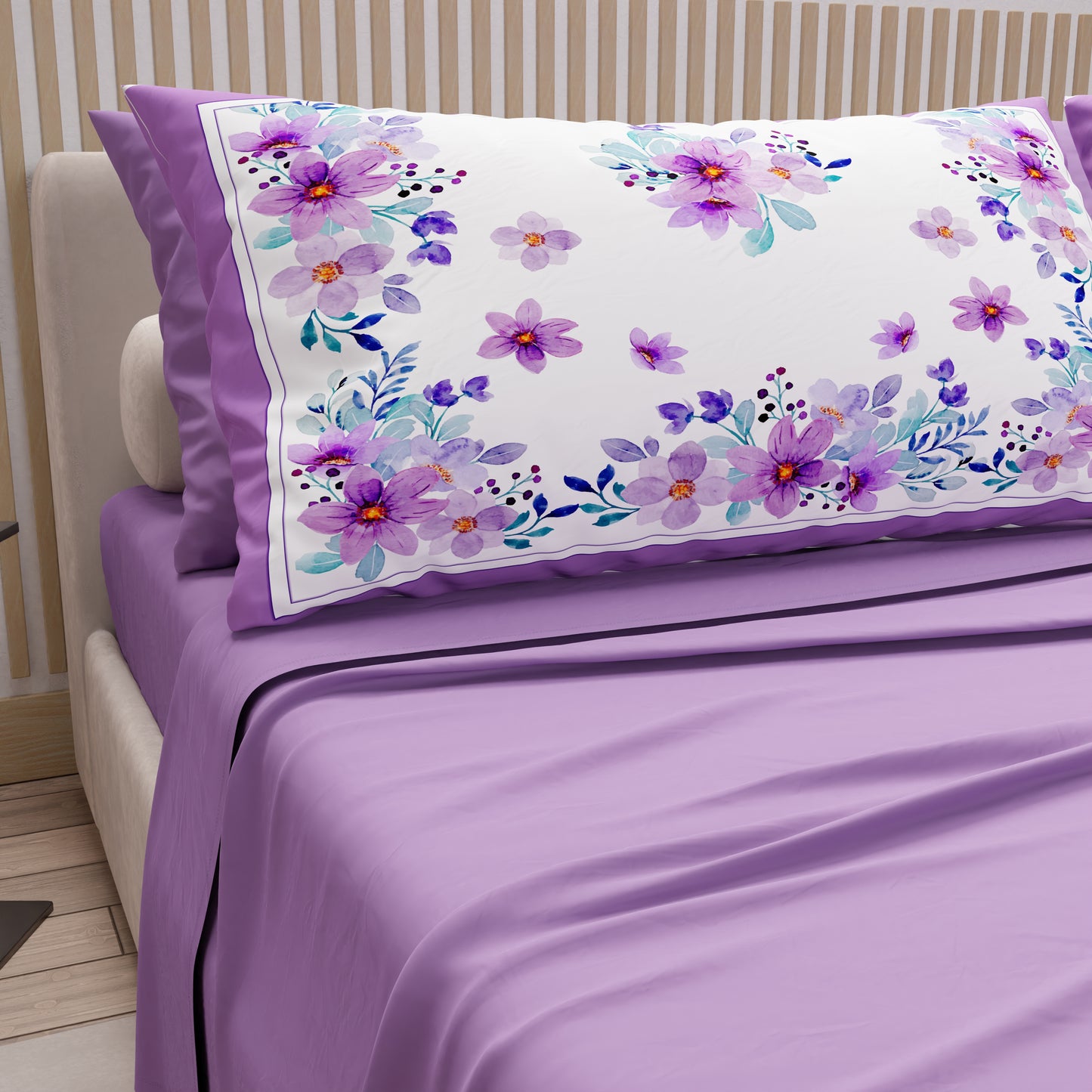 Cotton Sheets, Bed Set with Purple Floral Digital Print Pillowcases