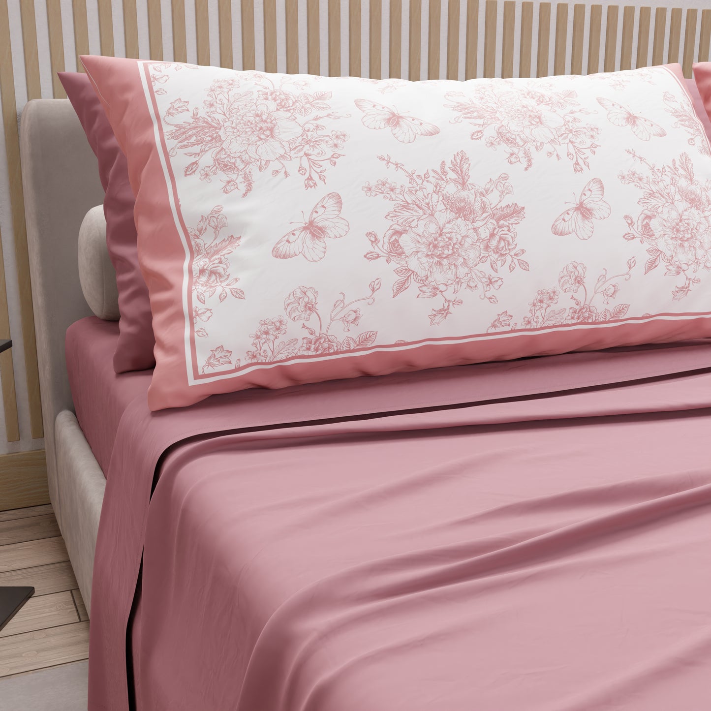 Cotton Sheets, Bed Set with Pink Botanical Digital Print Pillowcases