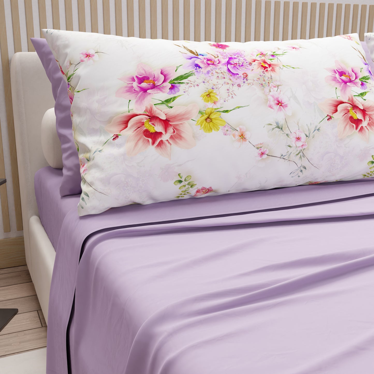 Cotton Sheets, Bed Set with Spring White Digital Print Pillowcases