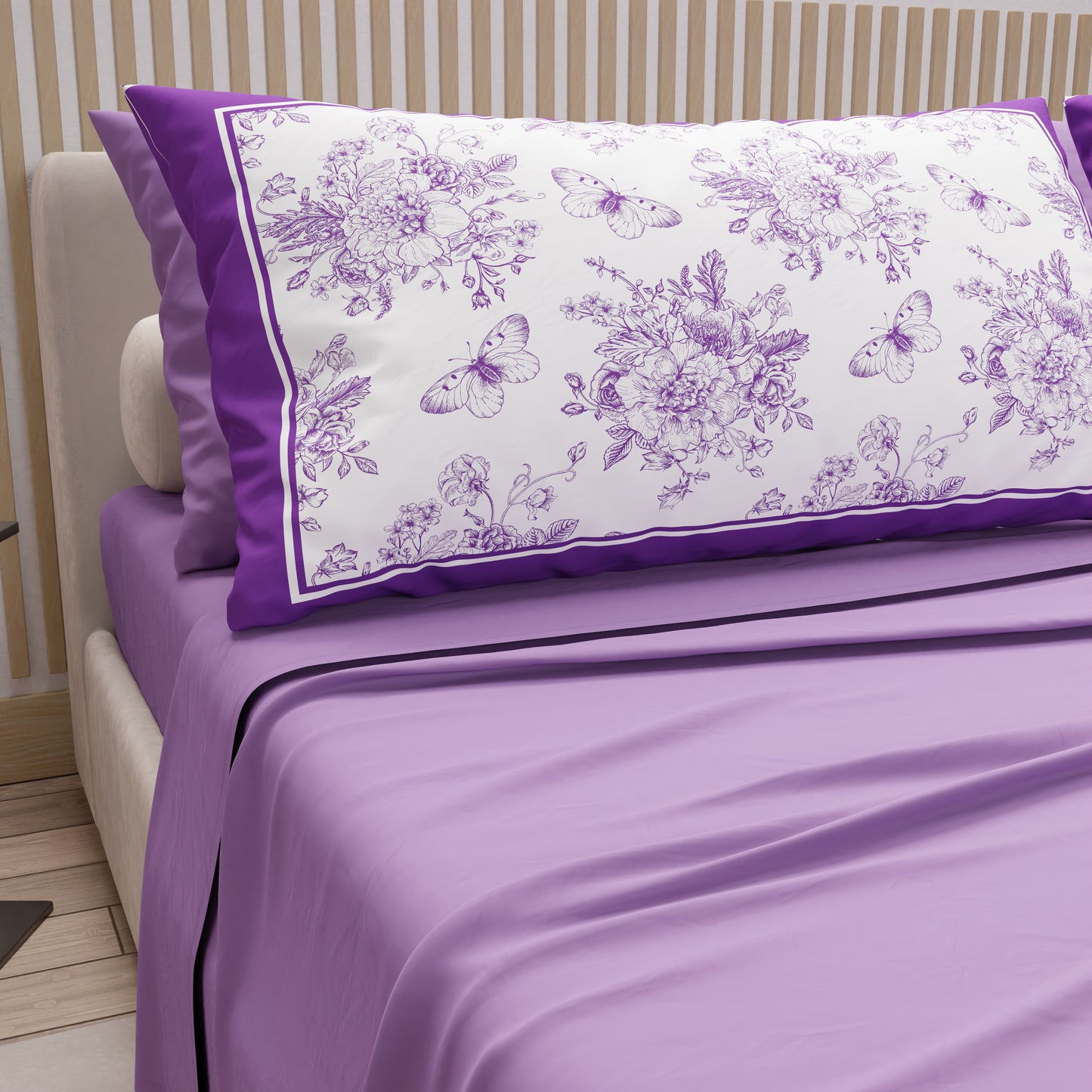 Draps en coton, parure de lit avec taies d'oreiller à impression numérique botanique violette