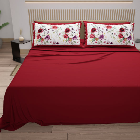 Draps en Coton, Parure de Lit avec Taies d'Oreiller en Impression Numérique Floral Bordeaux