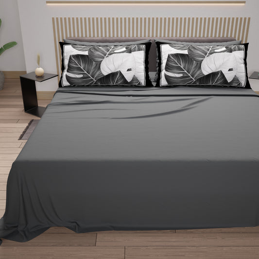 Lenzuola in Cotone, Completo Letto con Federe in Stampa Digitale Tropical Nero-Argento