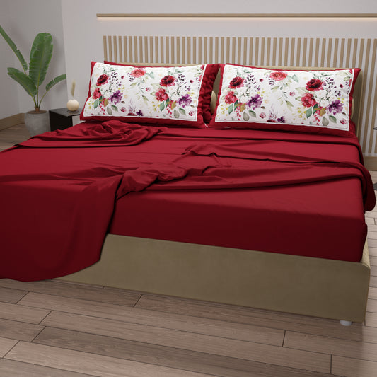 Draps en Coton, Parure de Lit avec Taies d'Oreiller en Impression Numérique Floral Bordeaux