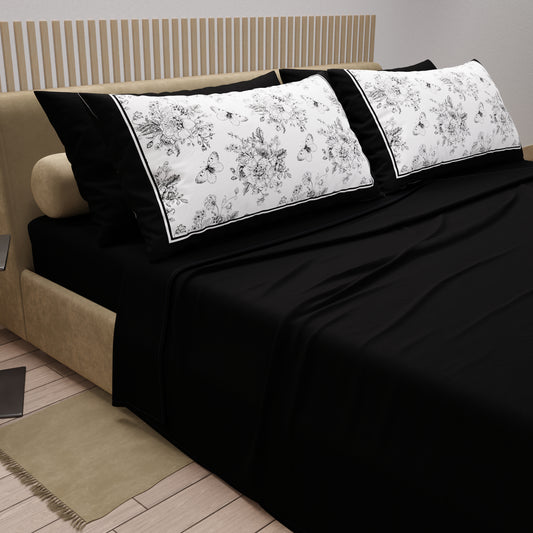 Lenzuola in Cotone, Completo Letto con Federe in Stampa Digitale Botanic Nero