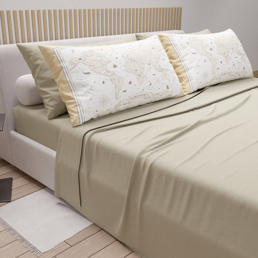 Lenzuola in Cotone, Completo Letto con Federe in Stampa Digitale World Bianco