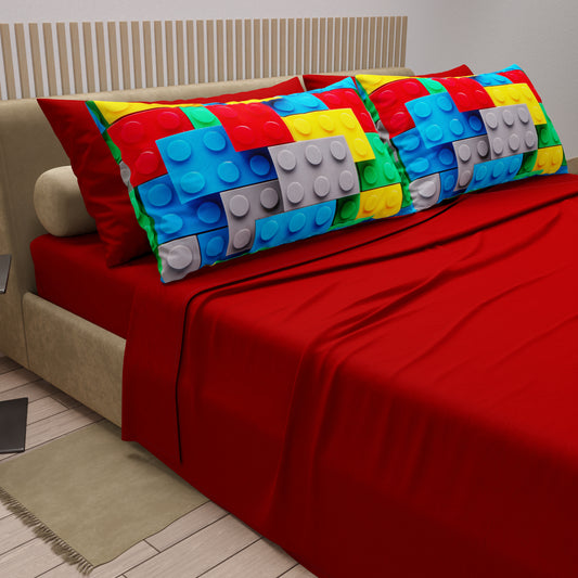 Cotton Sheets, Bed Set with Brick Digital Print Pillowcases