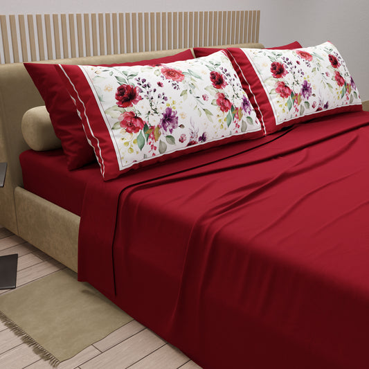 Lenzuola in Cotone, Completo Letto con Federe in Stampa Digitale Floreale Bordeaux