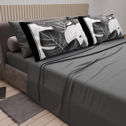 Cotton Sheets, Bed Set with Pillowcases in Black-Silver Tropical Digital Print