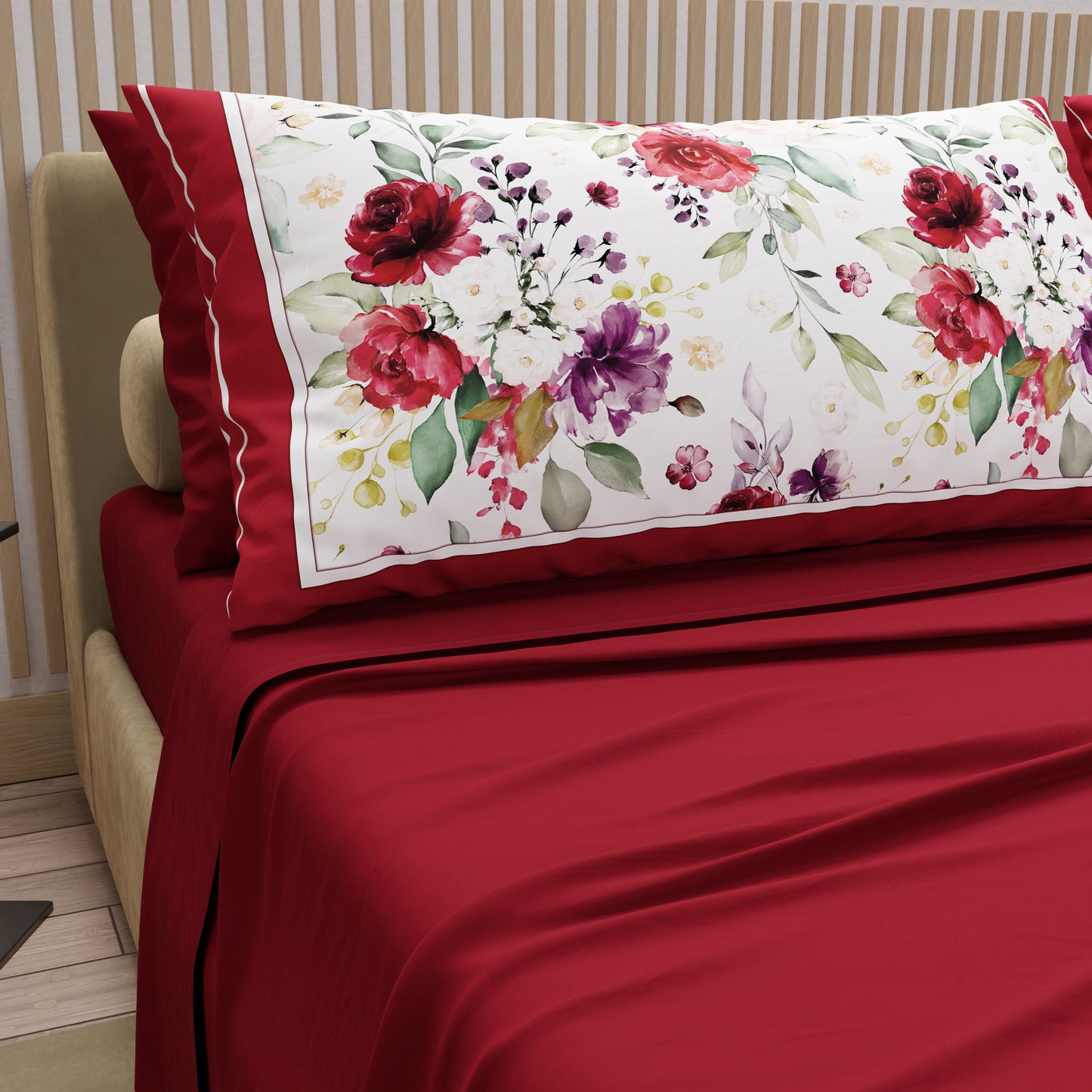 Cotton Sheets, Bed Set with Burgundy Floral Digital Print Pillowcases
