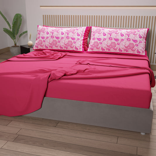 Draps en Coton, Parure de Lit avec Taies d'Oreiller en Impression Numérique Paisley Fuchsia