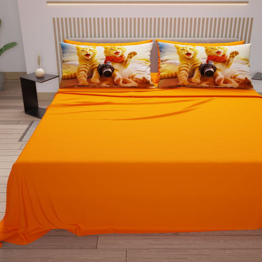 Draps Animaux en Coton, Parure de Lit avec Taies d'Oreiller en Impression Digitale Chats 01