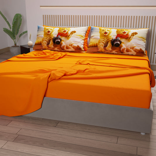 Draps Animaux en Coton, Parure de Lit avec Taies d'Oreiller en Impression Digitale Chats 01