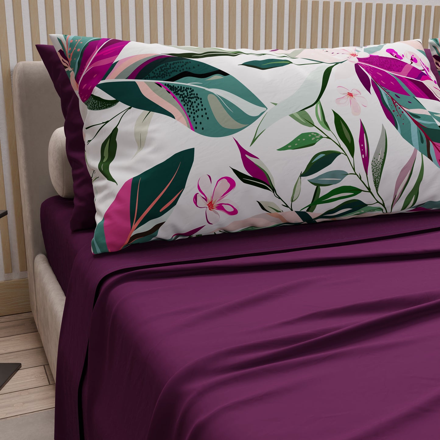 Courtepointe Unie en Velours Prune + Draps assortis et Taie d'oreiller Digitale