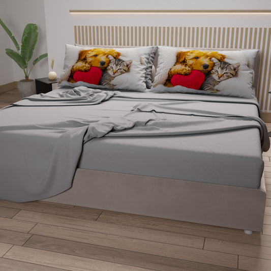Draps Animaux en Coton, Parure de Lit avec Taies d'Oreiller en Impression Digitale Amis 03