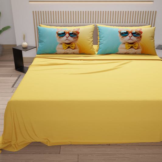 Draps Animaux en Coton, Parure de Lit avec Taies d'Oreiller en Impression Numérique Chats 06