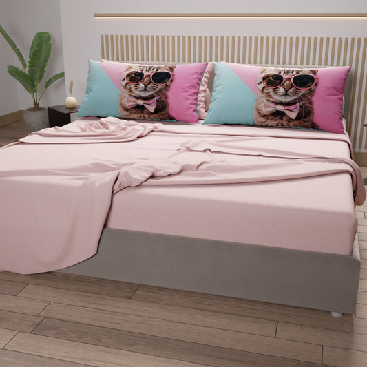 Draps Animaux en Coton, Parure de Lit avec Taies d'Oreiller en Impression Numérique Chats 08