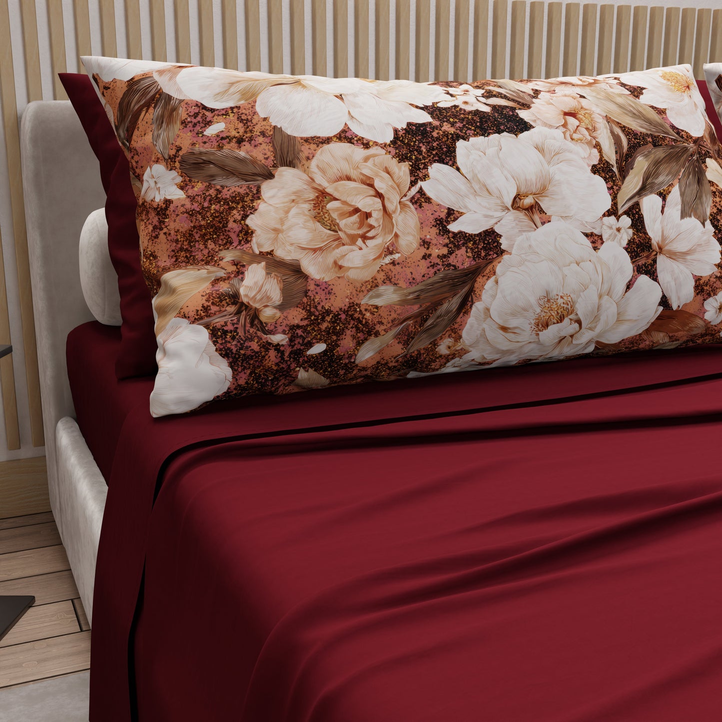 Courtepointe Unie en Velours Bordeaux + Draps assortis et Taie d'oreiller Digitale