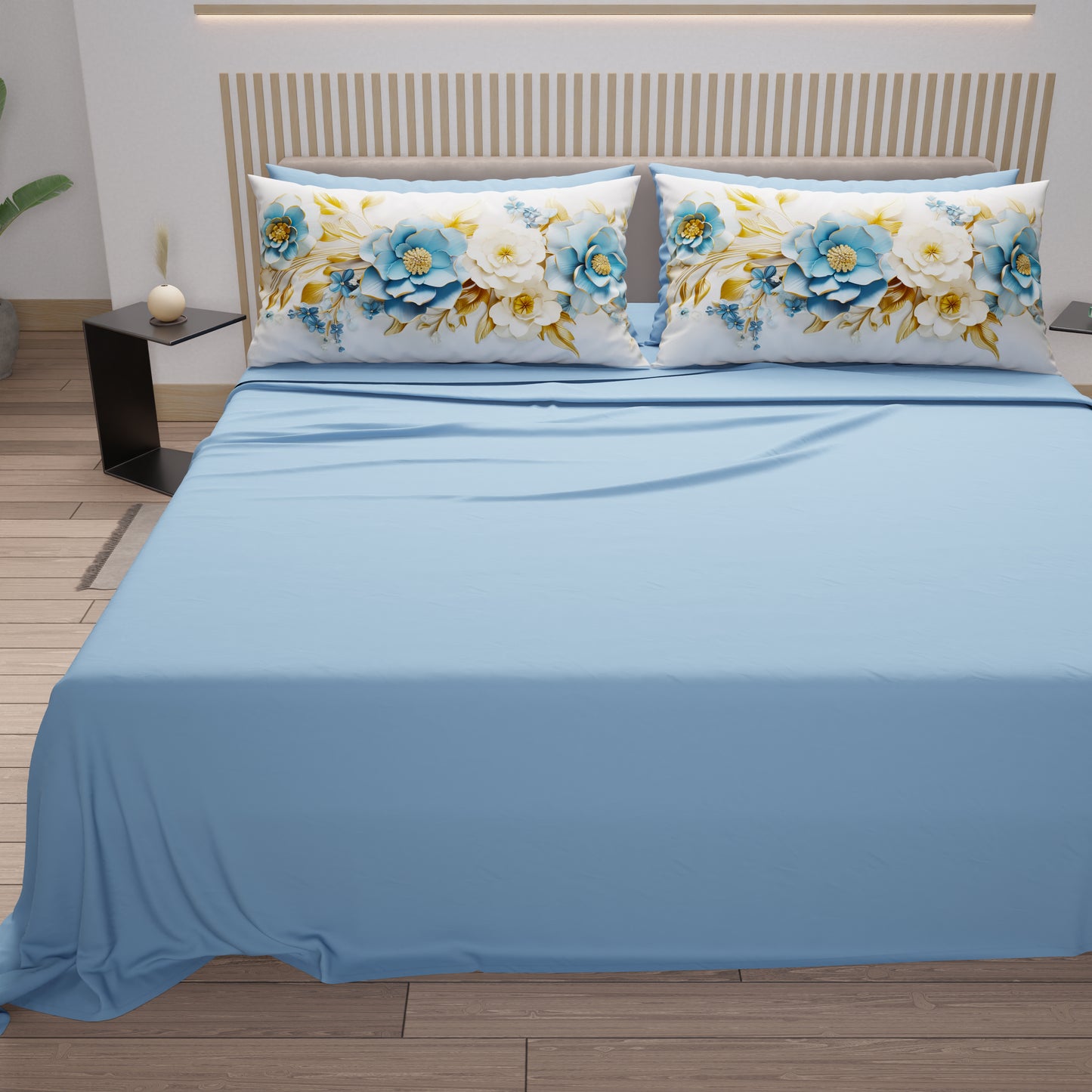 Lenzuola in Cotone, Completo Letto con Federe in Stampa Digitale Flower Ceramic 03 Azzurro