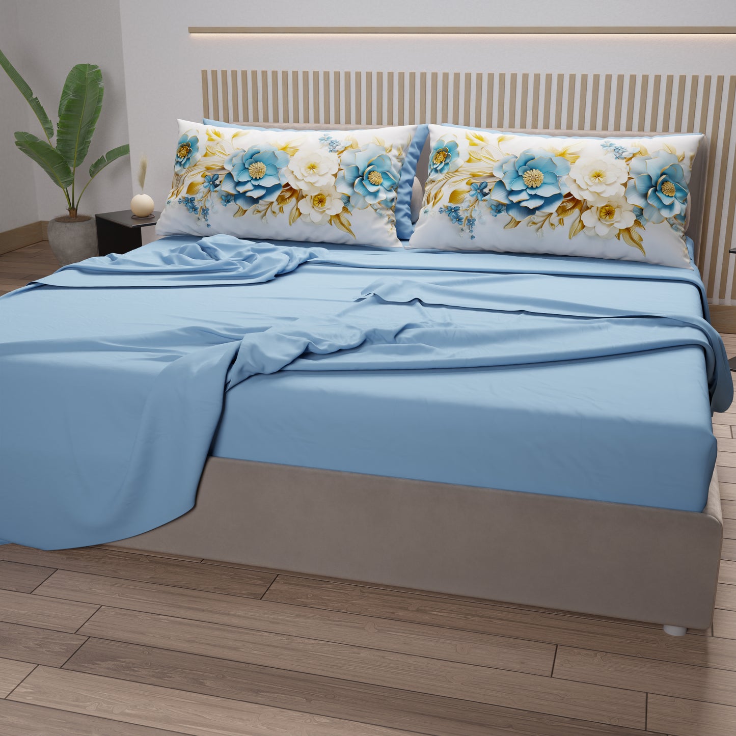 Lenzuola in Cotone, Completo Letto con Federe in Stampa Digitale Flower Ceramic 03 Azzurro