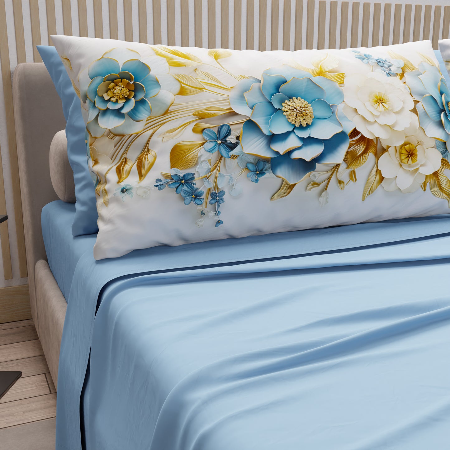 Lenzuola in Cotone, Completo Letto con Federe in Stampa Digitale Flower Ceramic 03 Azzurro