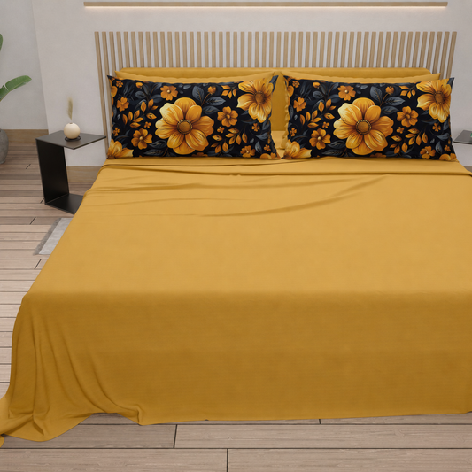 Lenzuola in Cotone, Completo Letto con Federe in Stampa Digitale Autunno 02 Giallo
