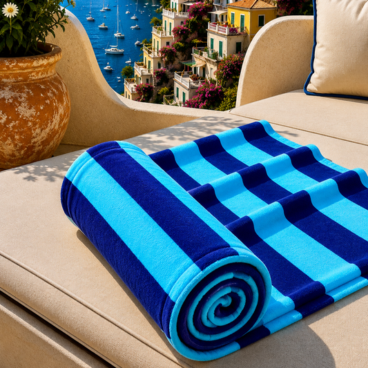 Telo Mare Microfibra, Asciugamano Mare, Telo per Lettino Righe Celeste/Blu Elettrico.