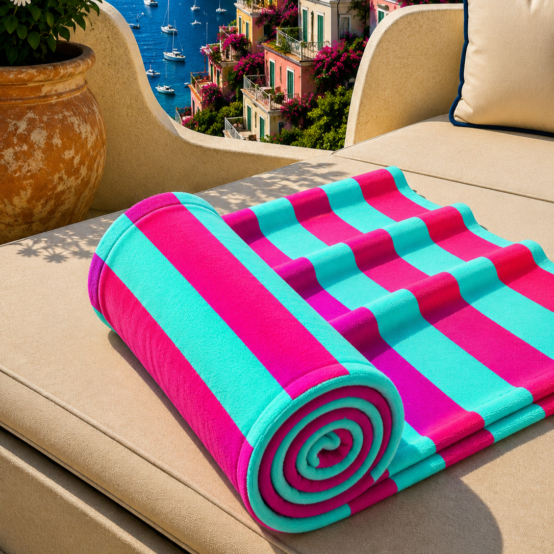 Telo Mare Microfibra, Asciugamano Mare, Telo per Lettino Righe Tiffany/Fucsia.