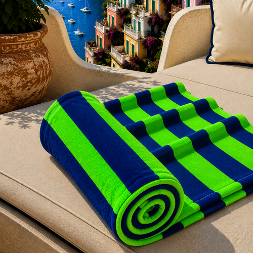 Telo Mare Microfibra, Asciugamano Mare, Telo per Lettino Righe Verde Fluo/Blu Notte
