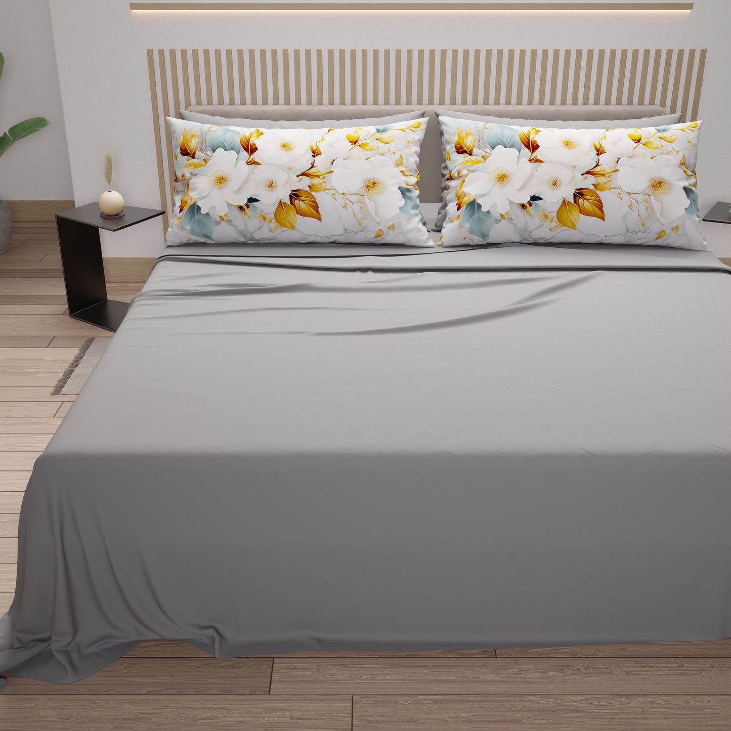 Lenzuola in Cotone, Completo Letto con Federe in Stampa Digitale Flower Ceramic 03 Grigio