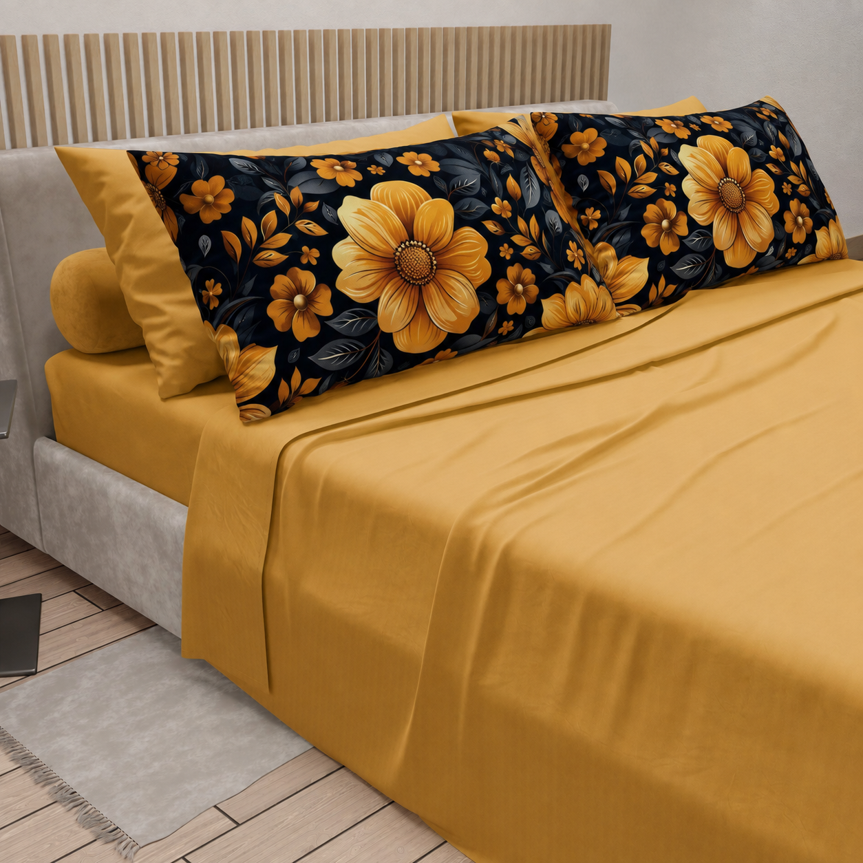 Lenzuola in Cotone, Completo Letto con Federe in Stampa Digitale Autunno 02 Giallo