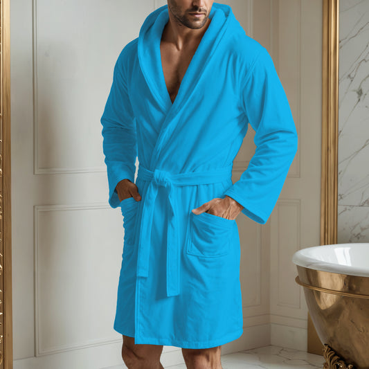 Light blue microfibre bathrobe for men and women