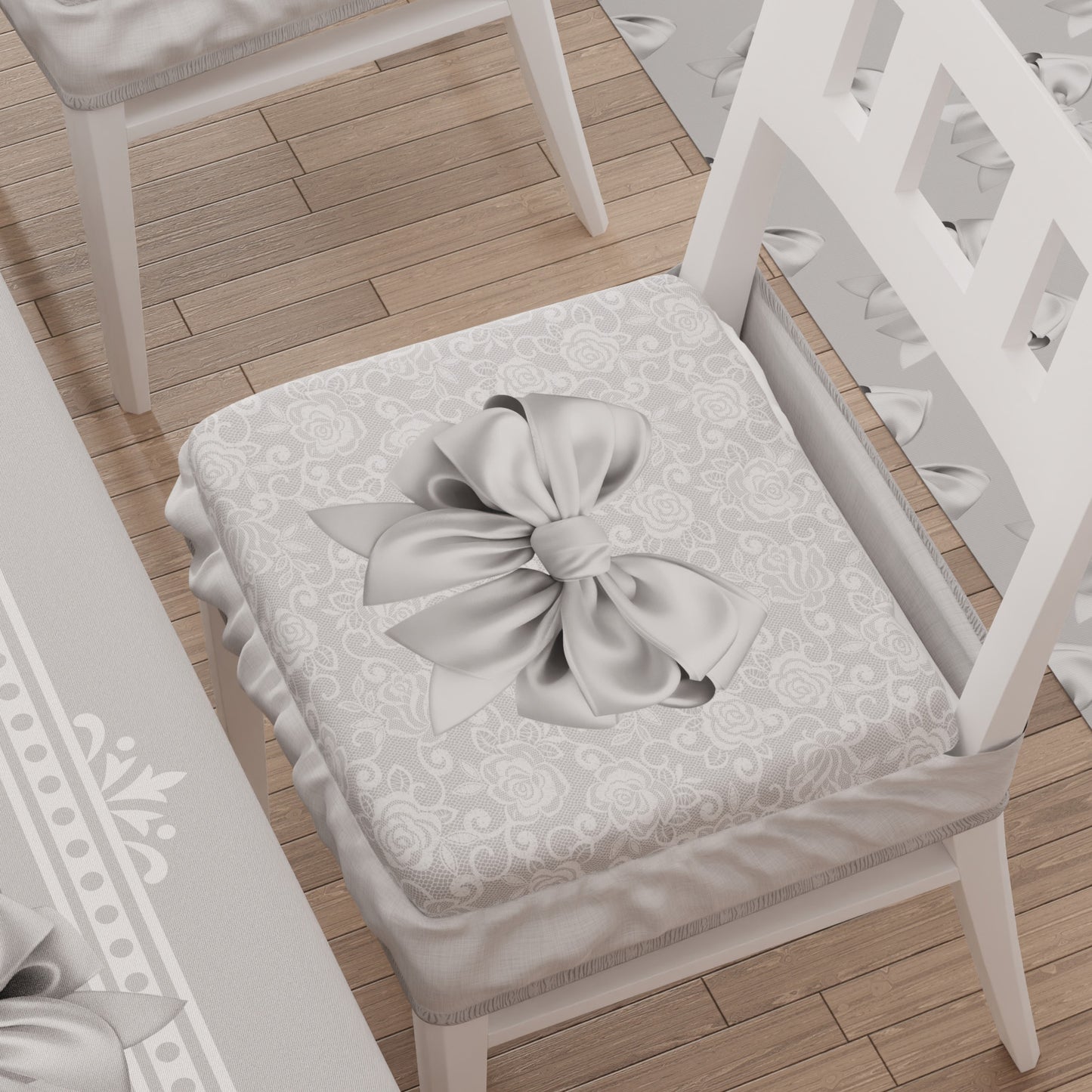 Set 6 Cuscini Per Sedia Con Elastico - Stampa 3D Fiocco Merletto, Grigio, 36x36cm - Foto 4