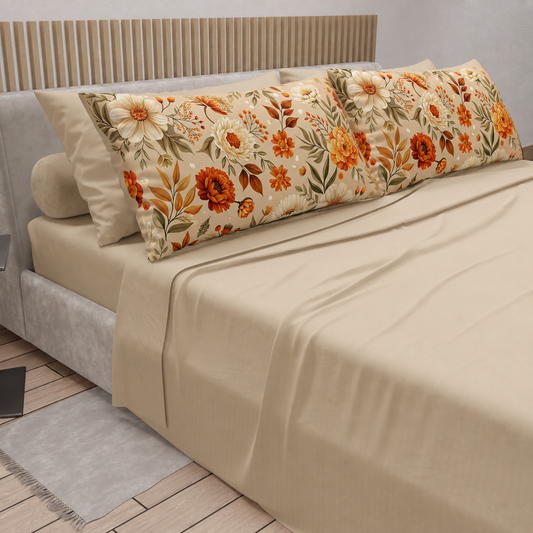 Lenzuola Autunno 08 Beige con federe in stampa digitale - vista angolata
