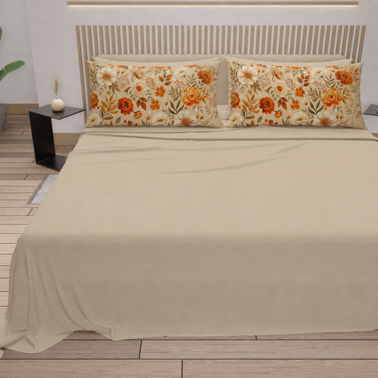 Lenzuola Autunno 08 Beige con federe in stampa digitale - vista frontale